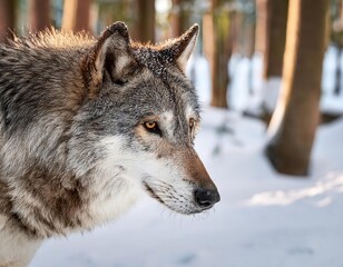 Fototapeta premium Gray wolf looking away in snowy forest during sunset