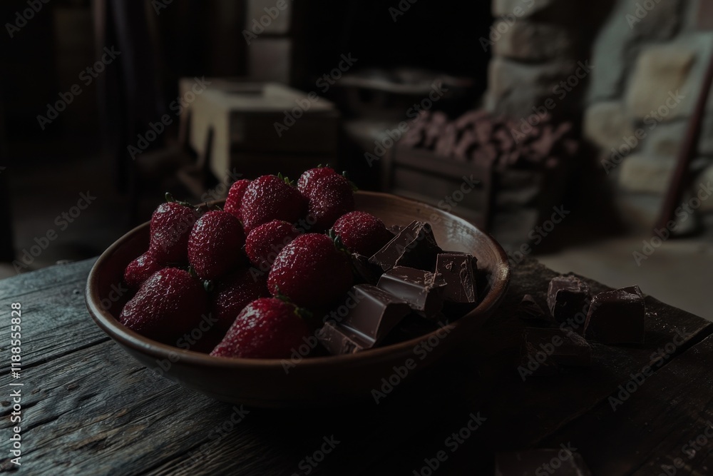 Poster A Close-Up View of Fresh Strawberries Delicately Arranged in a Rustic Bowl Surrounded by Rich Chocolate Chunks on a Wooden Table with Soft Diffused Lighting