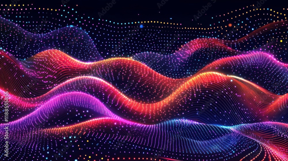 Poster dynamic futuristic technology wave vector illustration featuring abstract dots and lines flowing in 