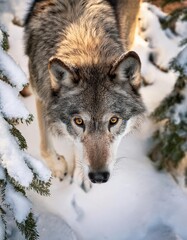 Eurasian wolf walking in the snow, looking forward under pine branches
