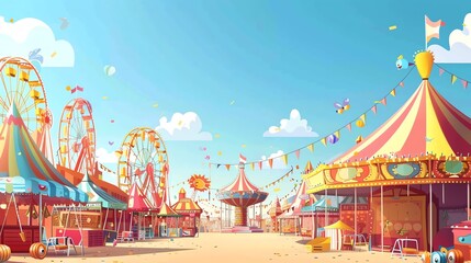 A colorful illustration of a carnival with tents and rides.