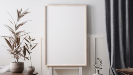 Minimalist interior, blank white canvas frame, textured wall, dried floral arrangement, muted colors, Scandinavian design, vertical composition, natural textures, shadow play, monochromatic palette, c