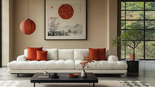 A living room with beige walls  a white sofa  and a black coffee table seamless looping time-lapse virtual 4k video animation background