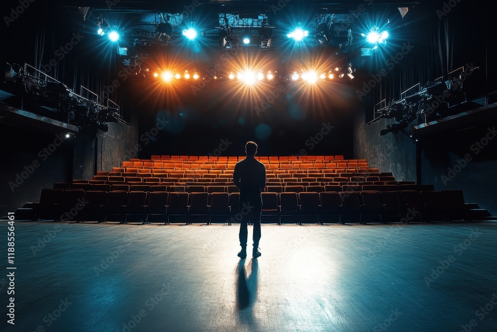 Poster spotlight shines on a lone figure preparing for a performance in an empty theater