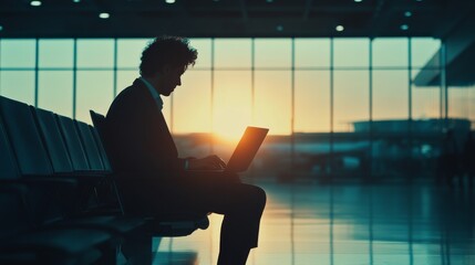 Silhouette of Businessman Working on Laptop at Airport During Sunset