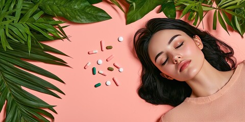Insomnia medicine concept. A serene woman rests among vibrant green leaves and scattered dietary supplements on a pink surface, embodying wellness and relaxation.