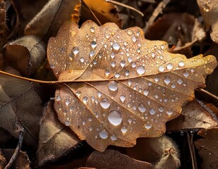 Dew drops covering brown autumn leaf on forest floor