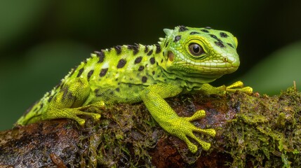 Fototapeta premium A green lizard sitting on top of a moss covered rock