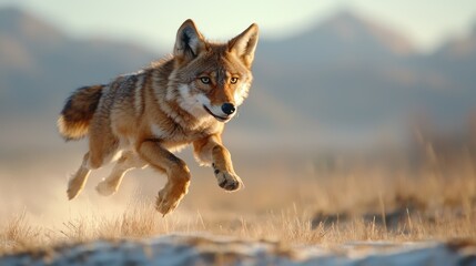 Fototapeta premium A coyote running across a dry grass covered field