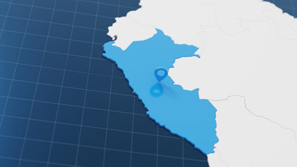 Fototapeta premium Blue Peru 3d map with pointer pin surrounded with other countries in white. Political map with borders. 3d render illustration