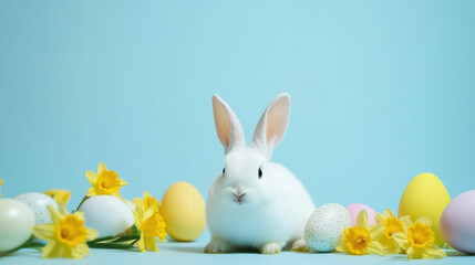 Easter cute bunny with colourful eggs and daffodil flowers on blue background. 