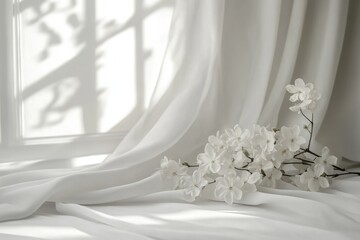 Fototapeta premium Delicate white flowers lie gracefully on sheer white curtains, illuminated by soft sunlight streaming through a nearby window