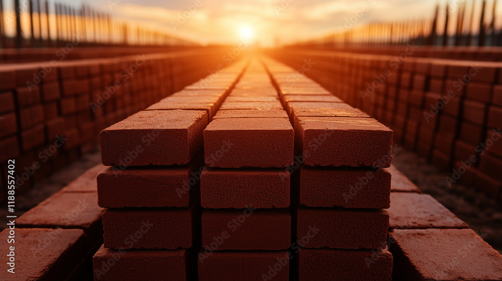 Poster stacks of red clay bricks arranged in symmetrical rows on a clean construction site, with sunlight c