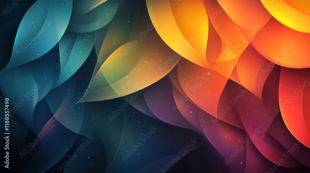 Poster abstract flowing curves with vibrant color gradients and subtle star like sparkles create a modern a