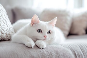 Cute white kitten resting on a comfortable white sofa