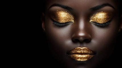 A woman with gold glitter on her eyes and lips