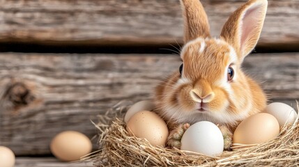 A rabbit sitting in a nest with eggs