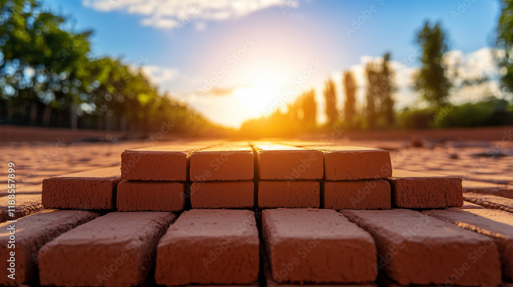 Poster red clay bricks neatly stacked on a pristine construction site, their uniform edges gleaming in the 