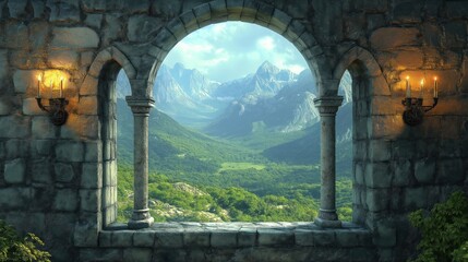 Ancient castle window shows serene mountain landscape. Rich green valleys and peaks are visible. Light from candles illuminates the stone archway. Peaceful and enchanting view from a medieval castle.