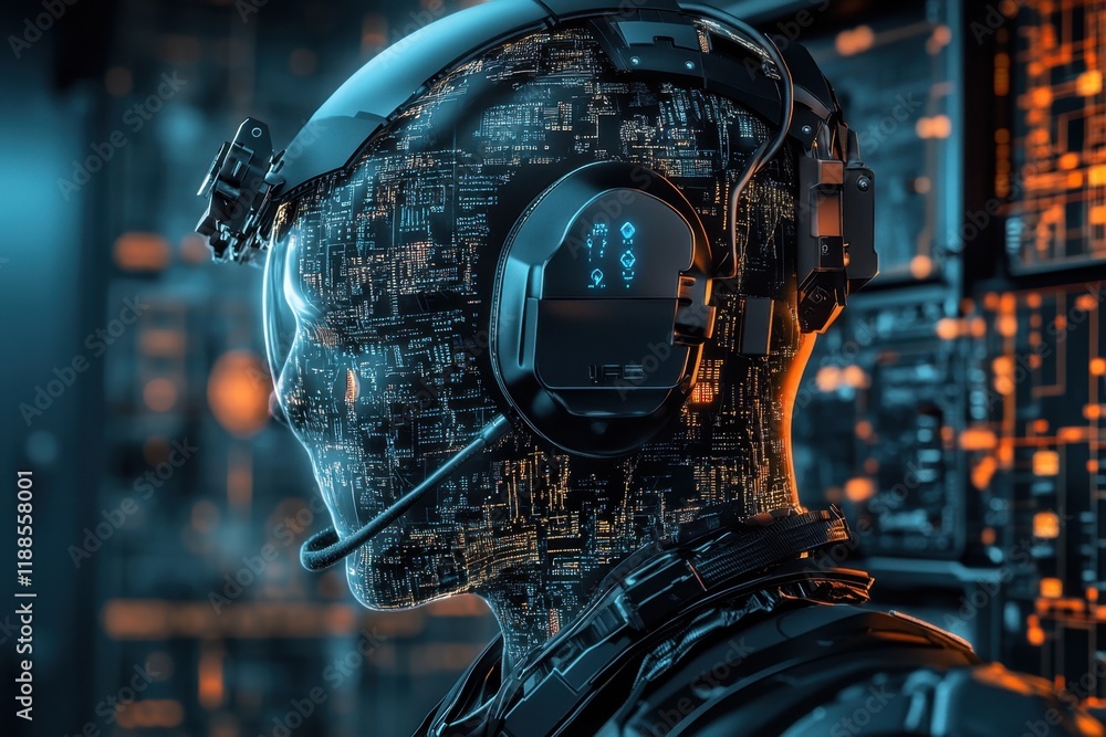 Poster advanced robotic figure with a digital interface in a futuristic control room