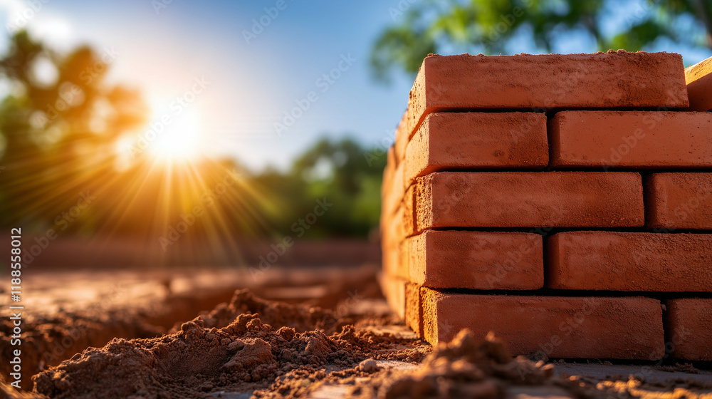Poster red clay bricks neatly stacked on a pristine construction site, their uniform edges gleaming in the 