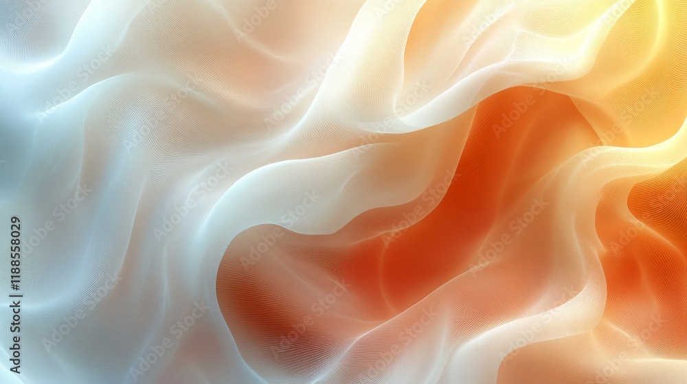 Poster abstract digital rendering with flowing forms in shades of blue, orange, and white, creating a sense