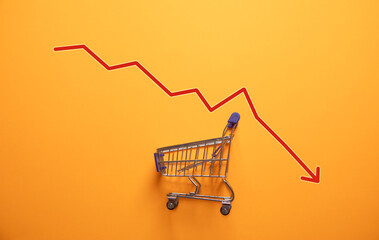Shopping cart with a down arrow. Drop in sales of a business