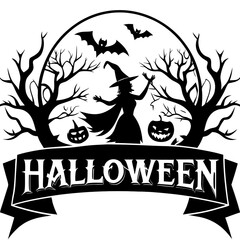 Halloween horizontal banner with vector logo- the advertisement badge poster black and white