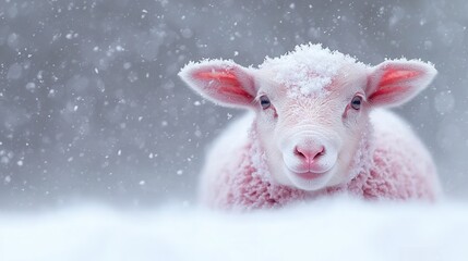 Fototapeta premium A baby lamb is standing in the snow looking at the camera