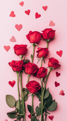 Romantic Red Roses in a Row with Heart Decorations on a Pink Background for Valentine’s Day	