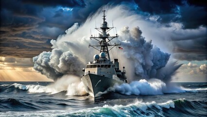 Fototapeta premium A dramatic photo of a navy warship crashing into the ocean waves, navy warship, ocean waves, ships, naval