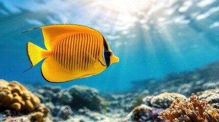 Obraz premium A yellow butterfly fish swimming in the ocean near a coral reef