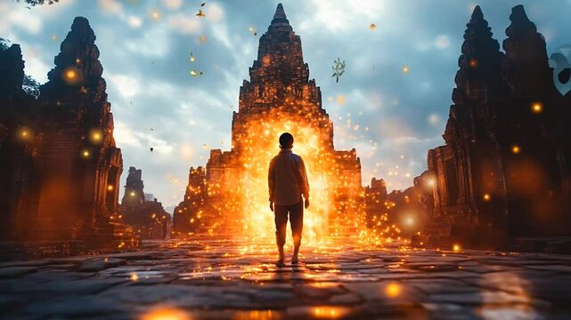 A dramatic scene of a lone figure standing before an ancient temple illuminated by glowing magical light and floating particles. The mystical ambiance conveys wonder, spirituality, and exploration