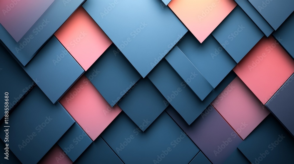 Poster abstract 3d geometric pattern with blue and pink squares creating a modern and dynamic background de