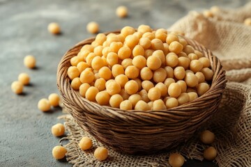 Chickpeas filling a wicker bowl resting on a burlap sack on a dark background, healthy food concept