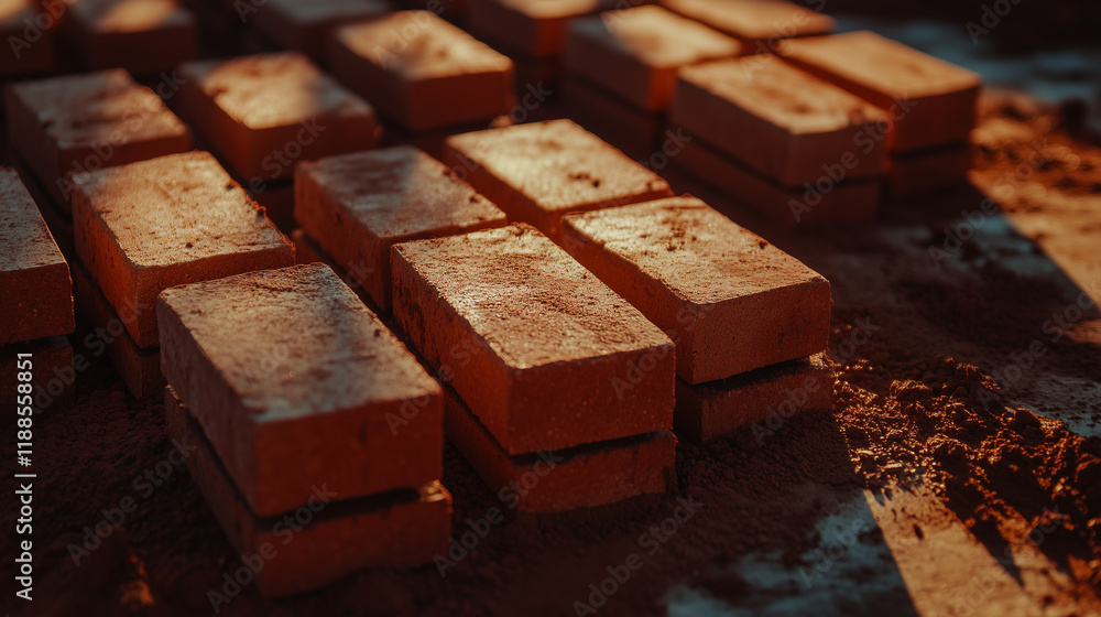 Poster neatly arranged red clay bricks sitting on a polished construction site, with shadows from nearby to