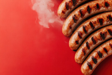 Steaming grilled sausages on a vibrant red background, highlighting delicious comfort food and barbecue vibes