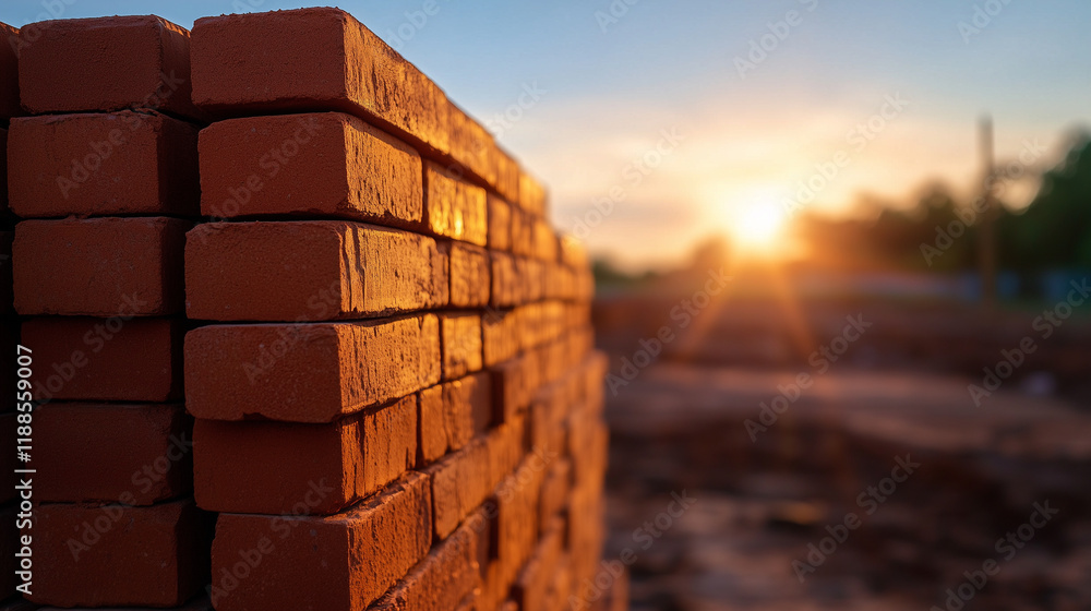 Poster a stack of red clay bricks standing tall on a clear construction site, their distinct rectangular sh