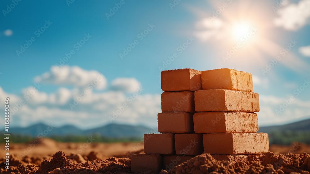 Poster a stack of red clay bricks standing tall on a clear construction site, their distinct rectangular sh