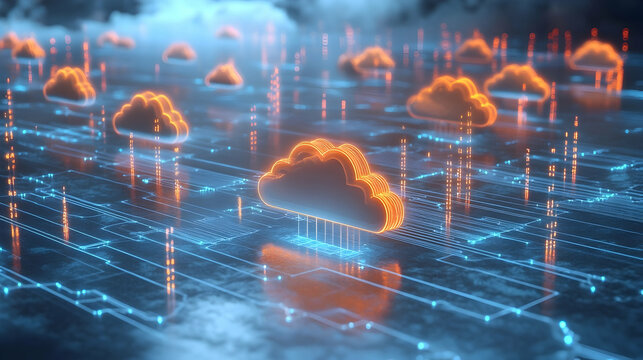Abstract visualization of secure cloud infrastructure with glowing pathways and data nodes