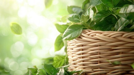 Naklejka premium A wicker basket filled with green leaves on a sunny day