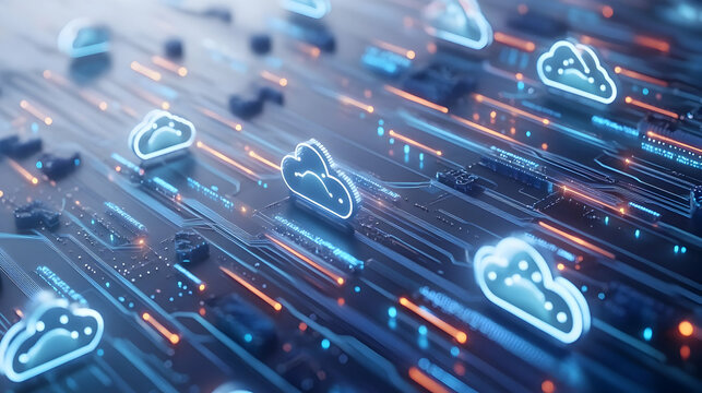 Abstract visualization of secure cloud infrastructure with glowing pathways and data nodes