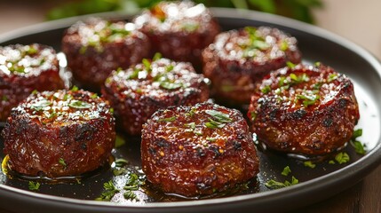 Roasted tomato halves in olive oil with fresh herbs and warm glow