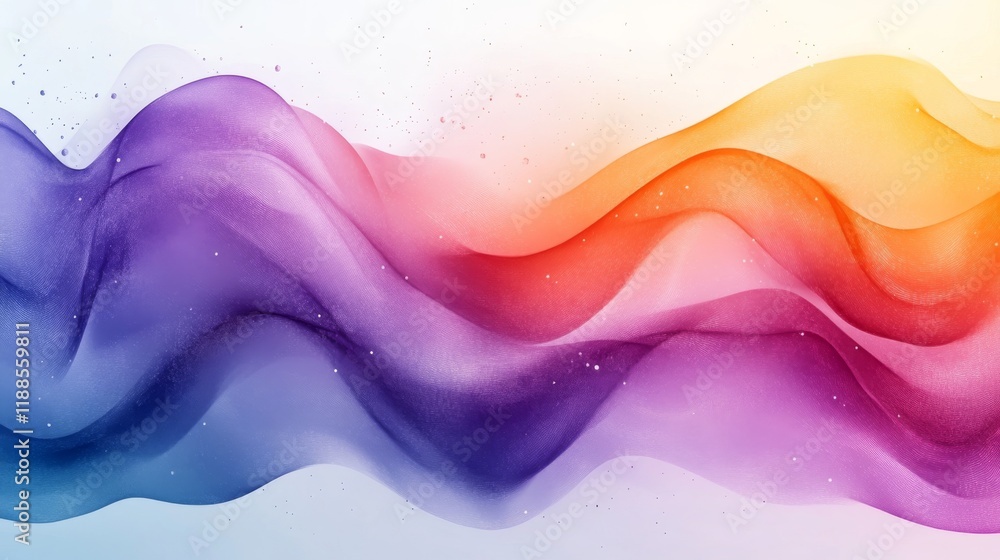 Poster abstract flowing gradient waves with shimmering light particles in hues of violet to orange on white