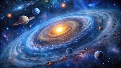 A distant starry night sky with a spiral galaxy in the center surrounded by numerous stars and planets, star clusters, interstellar space, galaxy types, nebulae