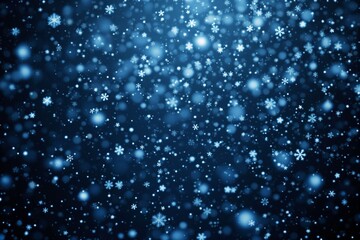 Falling snowflakes with glowing blue lights on a dark backdrop, creating a festive and wintery ambiance. Concept of winter and holidays