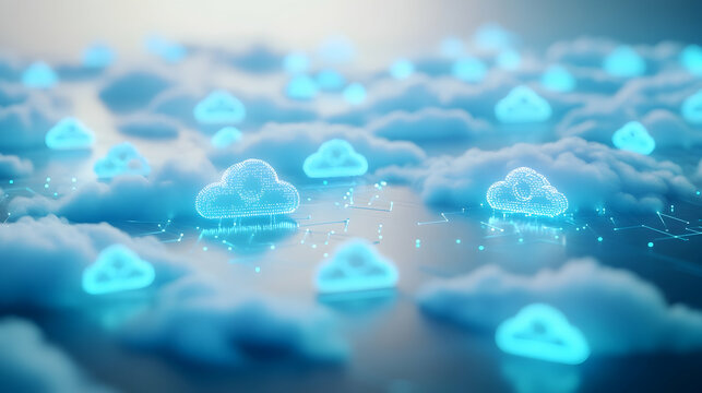 Abstract visualization of secure cloud infrastructure with glowing pathways and data nodes