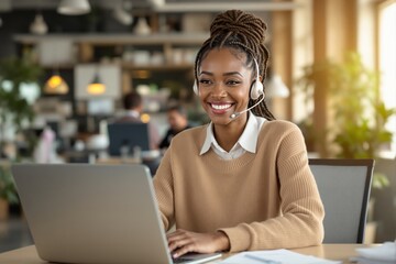 Smiling woman wearing a headset working on a laptop in a cozy office with blurred colleagues in background. Represents customer support