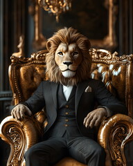 A man with a lion's head sits on a golden throne. An anthropomorphic lion in luxurious rich clothes sits in the throne room on a golden leather chair.