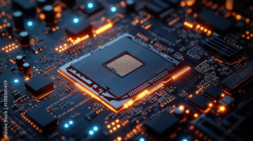 Poster closeup view of high-tech electronic circuit board. glowing components highlight intricate circuit d